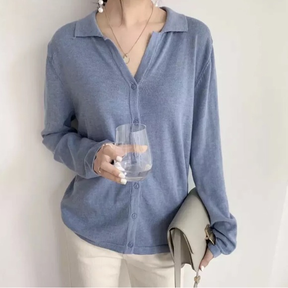 Cardigan sweater cotton vneck collar button down blue green beige black cream - Picture 2 of 6